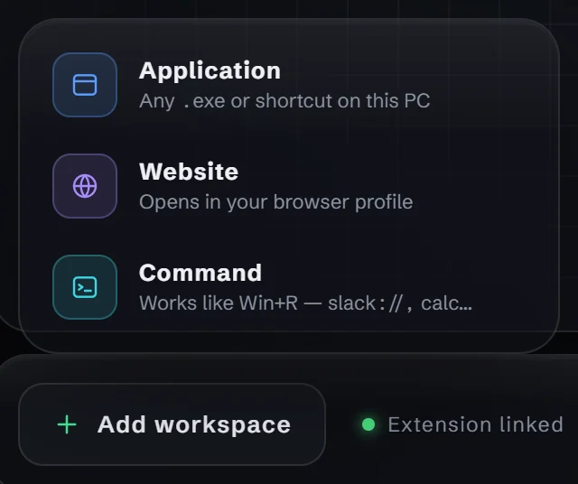 The Add workspace menu: Application, Website, Command