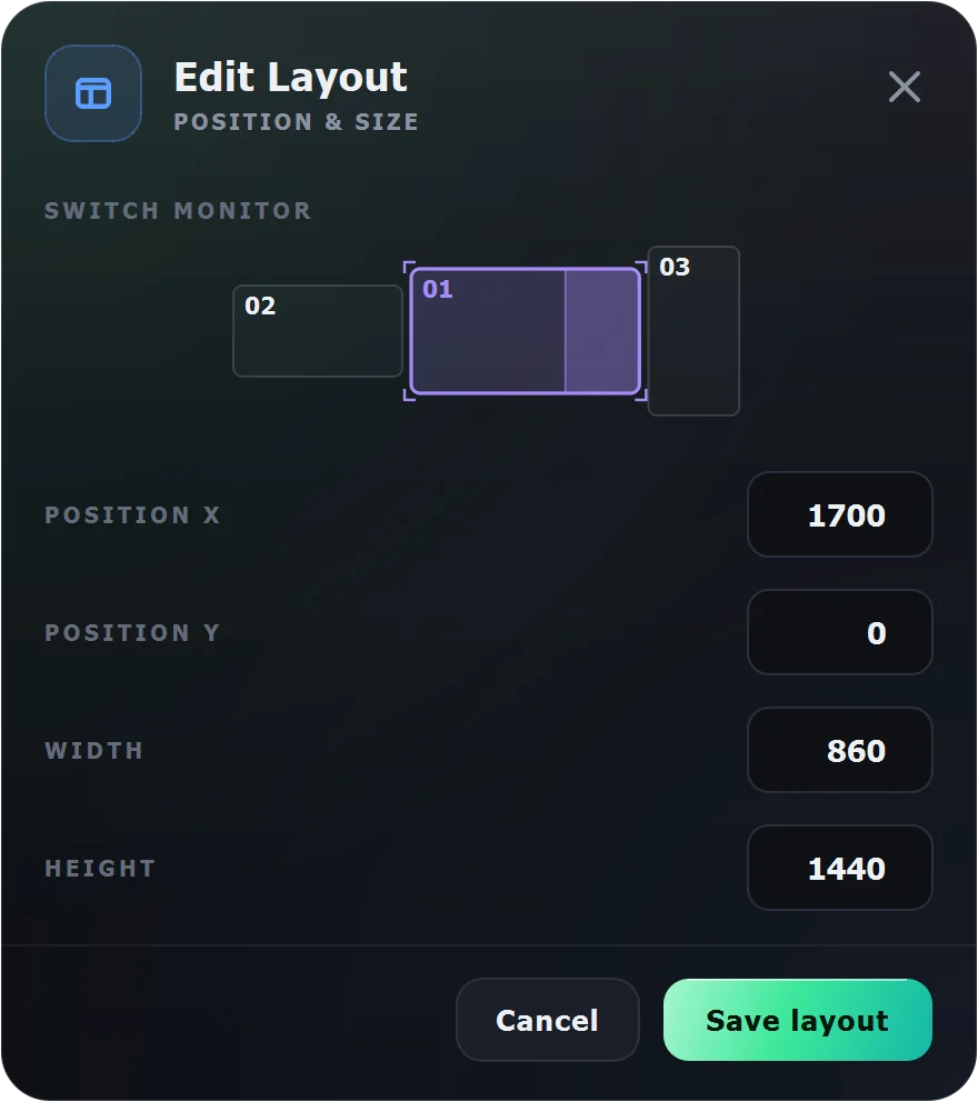 The Edit layout dialog with position and size