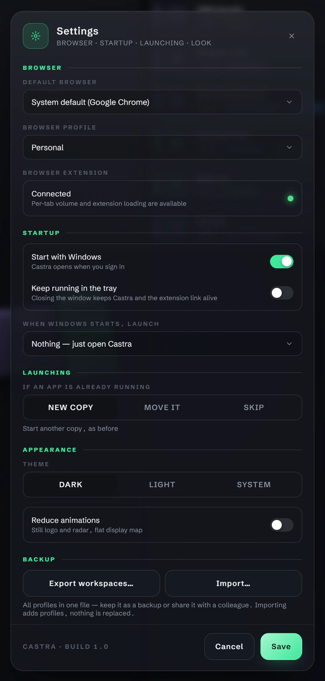 The settings dialog